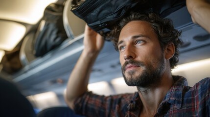 Efficient Traveler Stowing Carry-On Luggage in Airplane Overhead Bin for Convenient In-Flight Storage