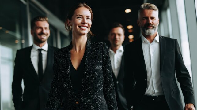 Confident Team of Executives Walking Down Hallway in Corporate Office Setting - Leadership, Business, and Professional Success