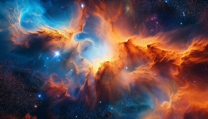 Fototapeta premium cosmic nebula fiery orange and blue hues in deep space starry background glowing gas and dust clouds