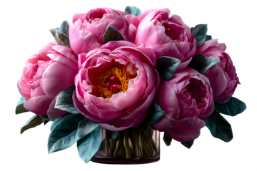 Pink peony bouquet arranged with soft green leaves, romantic floral design centered on white, isolated to transparent background