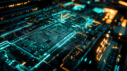 A computer chip with a blue and orange background