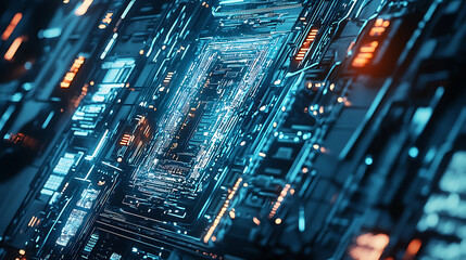 A computer chip with a blue background and orange and yellow lights