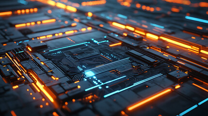 A computer chip with orange and blue lights