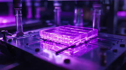 A purple object is being manufactured in a lab