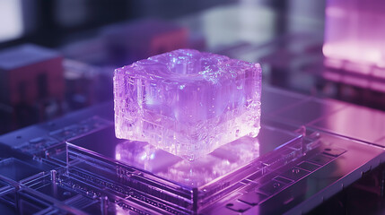 A purple cube sits on a computer chip