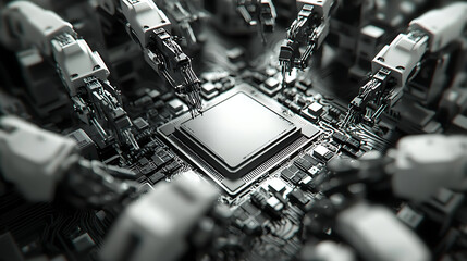 A computer chip is being assembled by a group of robots