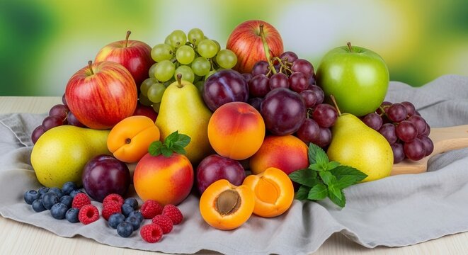 An artful still life showcases fresh seasonal fruits arranged on a light wood surface in soft light