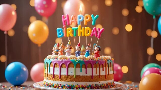 Happy birthday cake 4K video with colorful candles and balloons surrounded by cute little figures