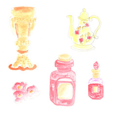 Beverages, liquid. Watercolor set illustration, hand drawn modern freehand new