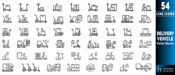 Pallet mover delivery vehicle line icons for efficient logistics solutions.  Editable stroke. Vector illustration