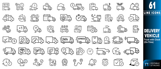 Line icon of delivery vehicle with clock symbolizing on time service efficiency.  Editable stroke. Vector illustration