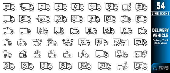 Delivery truck side view line icon suitable for logistics and transport services.  Editable stroke. Vector illustration