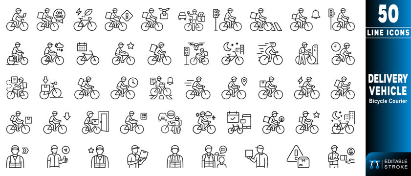 Bicycle courier delivery vehicle icons representing efficient urban logistics.  Editable stroke. Vector illustration