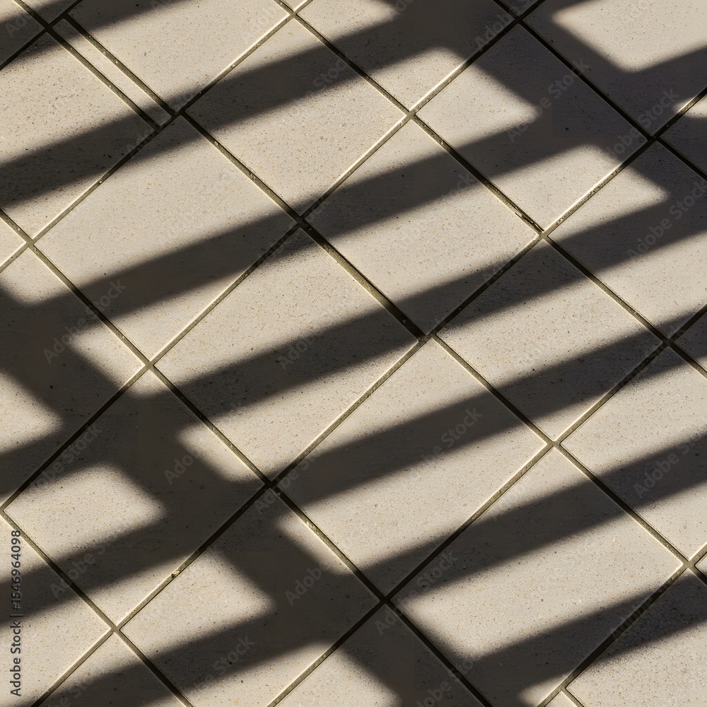 Poster sunlight creates a geometric pattern of light and shadow on a tiled surface, forming a diagonal grid