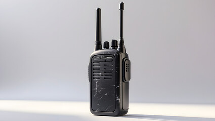 A sleek, modern walkie-talkie stands poised against a minimalist backdrop. The device showcases a rugged exterior.