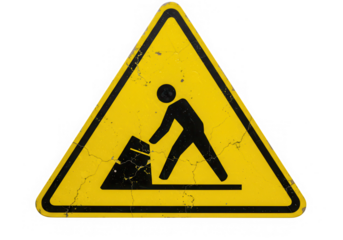 Men at work sign, yellow triangle warning isolated on transparent background