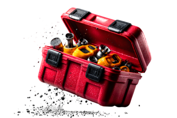 Spilled toolbox with scattered tools mid-air as if in motion or falling, dynamic freeze-frame scene on white, isolated to transparent background