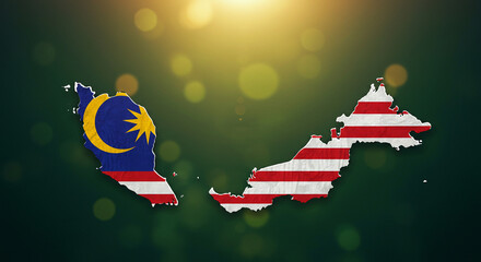 Artistic representation of Malaysia&rsquo;s flag integrated into the country&rsquo;s two-part map (Peninsular and Borneo). Traditional batik patterns and tropical hues reflect Malaysia&rsquo;s multicultural identity.