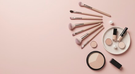 Elegant Makeup Brushes and Cosmetics Flat Lay on Pink Background