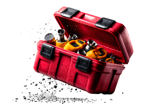 Spilled toolbox with scattered tools mid-air as if in motion or falling, dynamic freeze-frame scene on white, isolated to transparent background