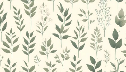 Vintage illustration of green foliage in seamless minimalist layout with clean off-white background and 4k detail