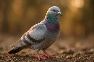 Obraz premium Closeup Shot Of Colorful Pigeon Bird With Vibrant Feathers In Golden Light Outdoor Natural Habitat