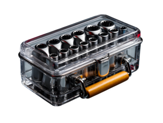 Transparent acrylic toolbox showing neatly arranged chrome tools inside, styled for futuristic or modern workspace visuals, photographed on white and isolated to transparent background