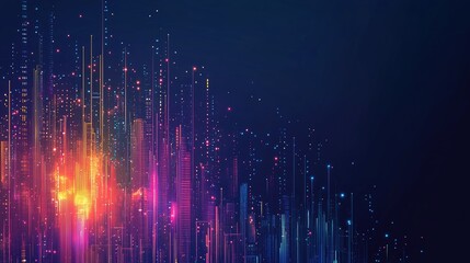 Fototapeta premium Futuristic city skyline with glowing lines and points.