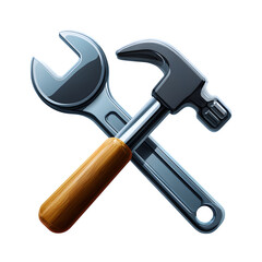 Two crossed metal wrenches and a hammer forming a repair emblem, flat design, symbolizing labor and maintenance, isolated symbol style, transparent to transparent background