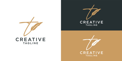 golden feather signature logo design. Minimalist feather t initial logo template © micky_adb