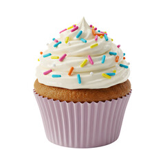 Colorful cupcake with rainbow sprinkles in a paper wrapper on white background