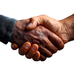 Two hands shaking in unity, one dark skin, one light skin, photorealistic detail with visible knuckles and veins, soft front lighting for depth, isolated for social equality concept