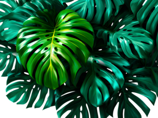 Vibrant collection of neon green monstera and palm leaves in modern graphic style, laid flat on a bright white background, isolated to transparent background