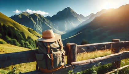 Adventure scene with backpack and sunhat on wooden railing, bright green hills and blue sky in summer daylight