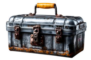 Vintage-style grey metal organizer with worn-out look and latch handle, photographed in high detail, toolbox or retro storage theme, transparent to transparent background