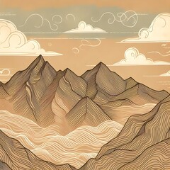 Organic mountain contour line art in warm neutral colors, hand-drawn style with ample margin space and soft artistic feel