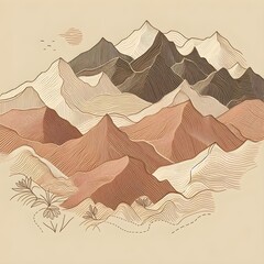 Hand-drawn style mountain contour map illustration in warm earth tones with soft flowing line patterns.