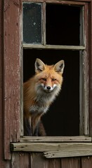 Red Fox Peeking Through Old Window Frame