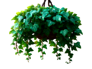 Climbing vine plant with hanging green ivy leaves in natural curl, cascading on clean white background, isolated to transparent background