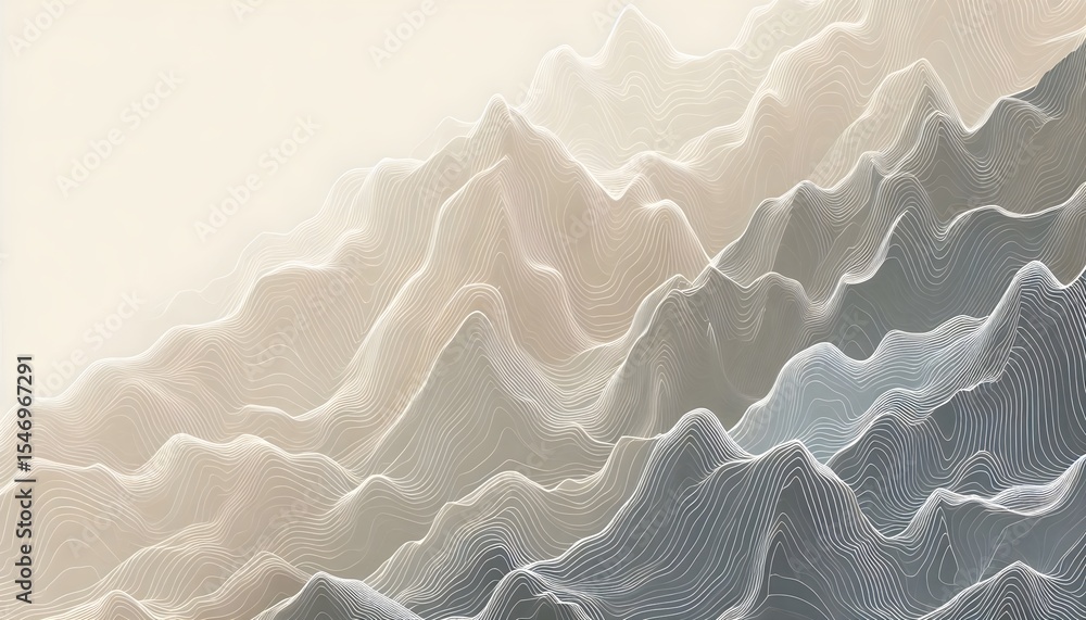 Poster stylized topographic map with soft beige and gray contour lines forming mountain terrain and right-s