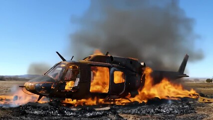 Large helicopter engulfed in flames during outdoor training exercise