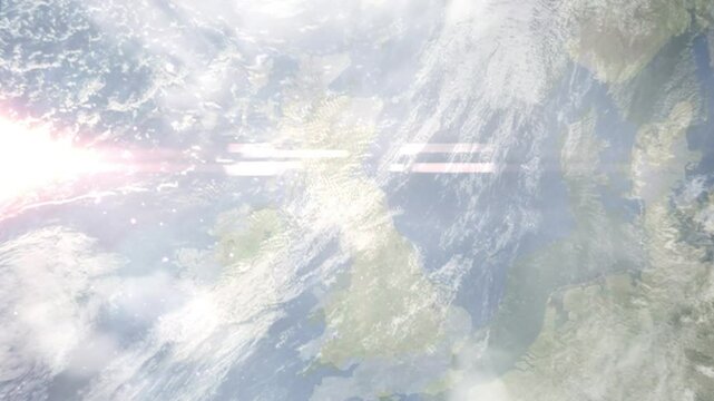 Earth zoom in from space and focus on Hawick, Scotland, Scottish Borders, Great Britain. Background for travel intro or blog. Satellite view. 3D style Animation. Images from NASA.
