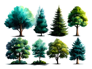 Fototapeta premium Collection of watercolor trees with various green shades and soft edges, arranged in loose forest pattern on white, isolated to transparent background