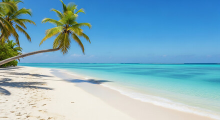 Pristine white sand beach, turquoise water, and swaying palm trees under a vibrant blue sky.
