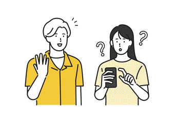 イラスト素材：スマホを見ている女性と話しかける男性のイラスト