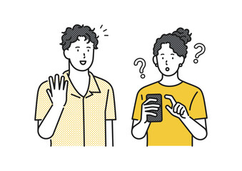 イラスト素材：スマホを見ている女性と話しかける男性のイラスト