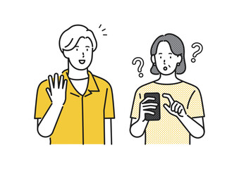 イラスト素材：スマホを見ているシニア女性と話しかける男性のイラスト