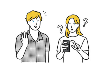 イラスト素材：スマホを見ている女性と話しかける男性のイラスト