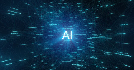 AI network connecting artificial intelligence terms like neural networks, machine learning, deep learning, and NLP. Abstract plexus data ideal for tech, science, or futuristic backgrounds. 3D render