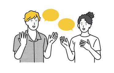 イラスト素材：英語、外国語で会話する若い男女
